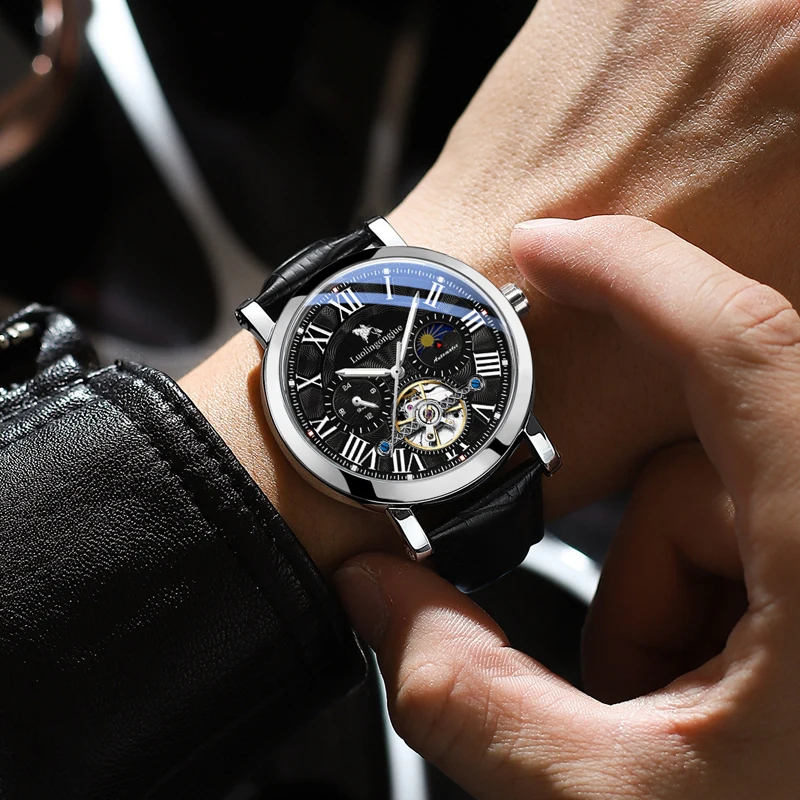 ساعة توربيون ميكانيكية أوتوماتيكية بالكامل، ساعة مضيئة مقاومة للماء على شكل قمر متعددة الوظائف للرجال، ساعة ميكانيكية أوتوماتيكية فاخرة للرجال، عصرية، كاجوال ومتعددة الاستخدامات، تصميم مجوف، مناسبة للارتداء اليومي للرجال، لا يتطلب بطاريات