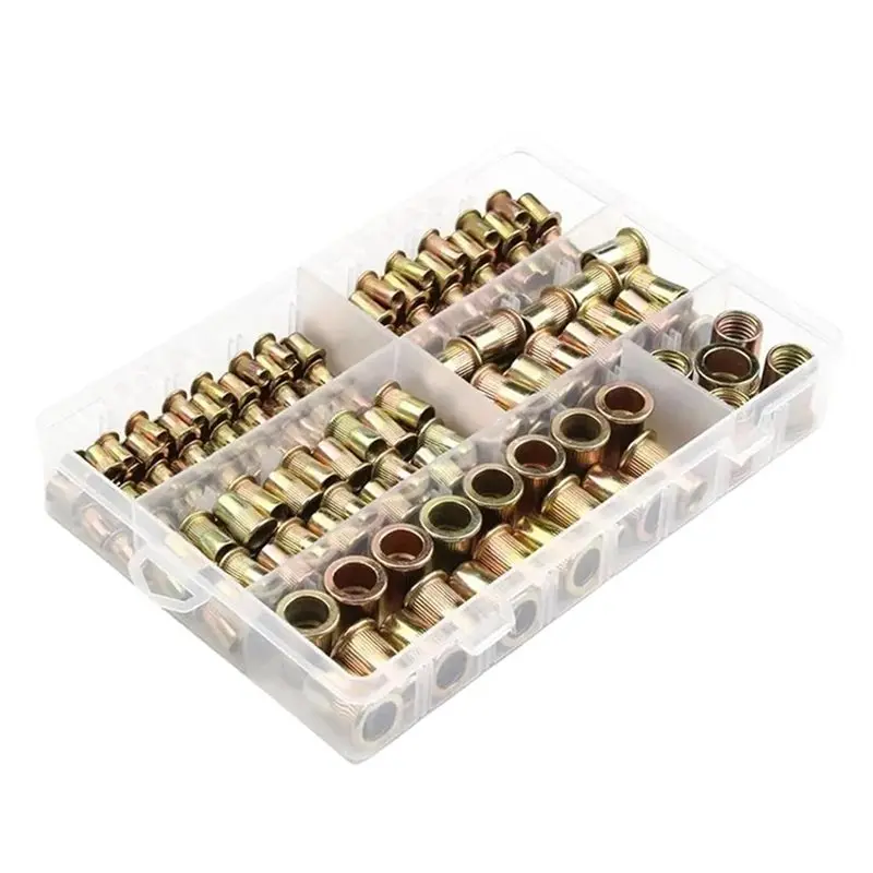 ABDJ-Insert Rivet Nuts(210PCS) - Carbon Steel Flat Head Box Rivet Nuts Set Hardware Multi Sizes(210PCS -)
