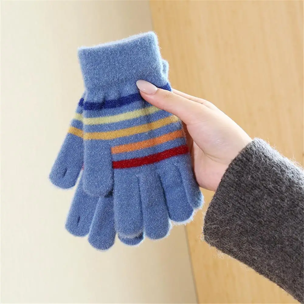 Cozy Rainbow Striped Knit Gloves Winter Warm Unisex Students Gloves with Small Openings on Fingers Touchscreen Gloves