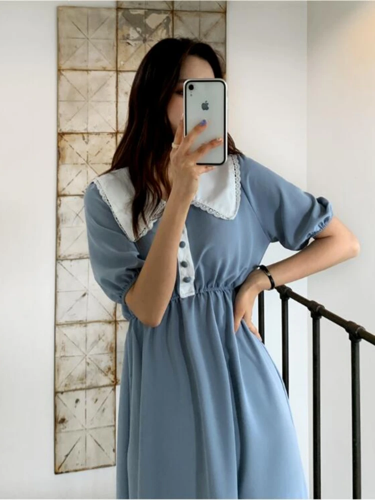 Fairy French Design Dresses Women Fashion Flhjlwoc Slim Elatic Waist A Line Light Blue Button Shirt Dress Chic Vestidos