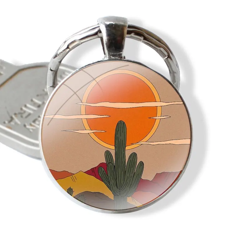 Keychain Handmade Glass Cabochon Key Ring Holder Pendant Key Chains Desert Climate Cactus Sun And Sand