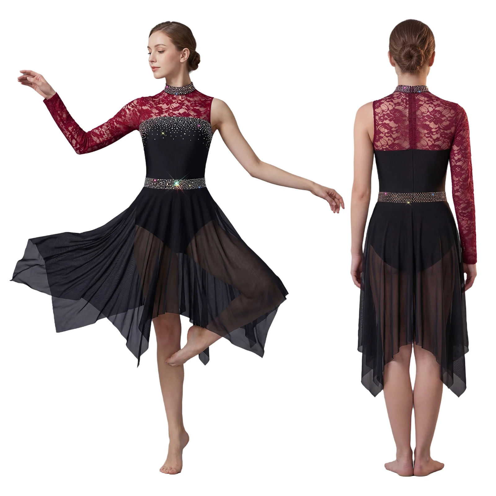 

Women Figure Skating Modern Lyrical Dance Dress Floral Lace Long Sleeve Patchwork Mesh Skirted Bodysuits for Waltz Dance Ballet