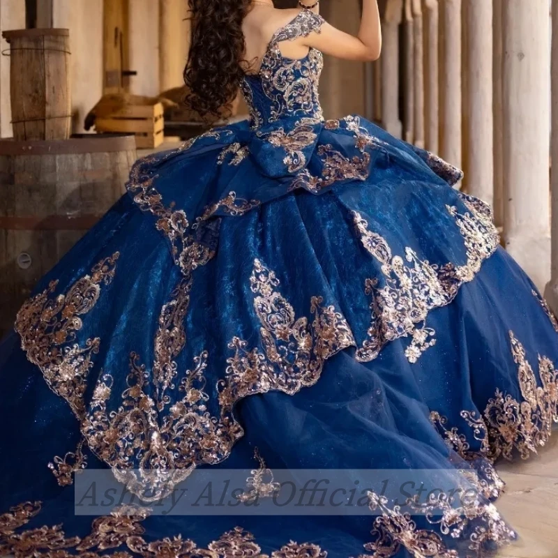 Customized Princess Navy Blue Quinceanera Dresses Appliques Lace Beads Party Proms  Sweet 16 14 Ball Gown Vestidos De 15 Anos