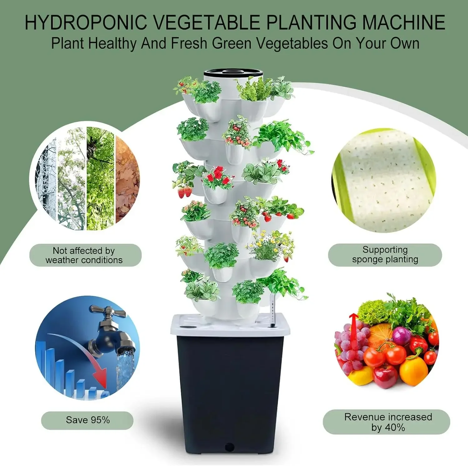 Hydroponics Tower Indoor Growing System Vertical Garden Planter Indoor Smart Garden Kit with Pump and Movable Water Tank