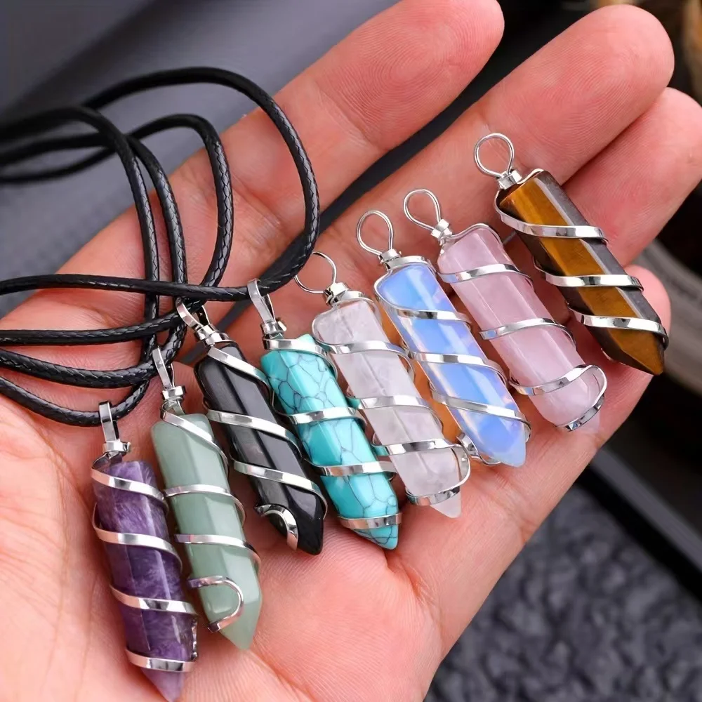 Cross-border cross-border hot selling natural agate Hexagonal column of filament-wound yarn pendant DIY jewelry production 8PCS