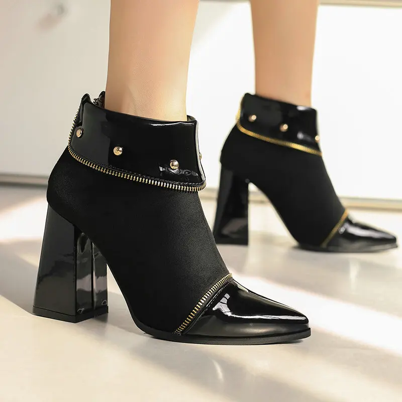 Boots Flat Platform Shoes Zipper Winter Footwear Clogs High Heel Rubber 2024 Autumn Rock Ladies Ankle Pointy Solid Pointed Toe R