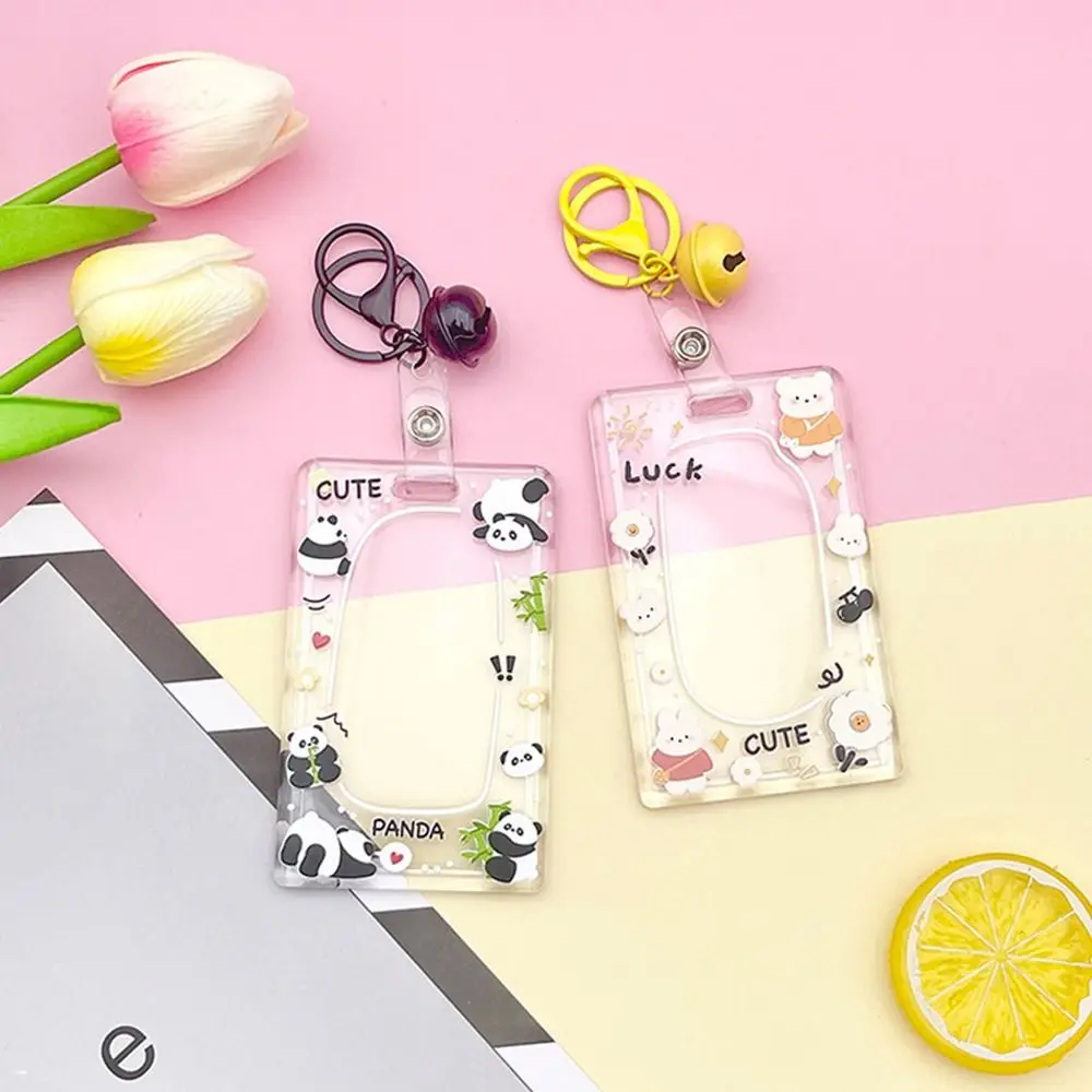 Rabbit Cartoon Acrylic Card Holder Panda Bear Rabbit Card Case With Lanyard Elastic Buckle Lanyard Bus Card Box Female/Students