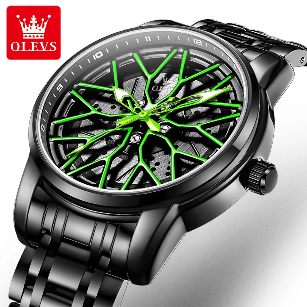 

OLEVS Fashion 360° ° Поворотный циферблат, спортивный автомобильный обод, ступица колеса, кварцевые часы, мужские водонепроницаемые мужские наручные часы из нержавеющей стали высокого качества