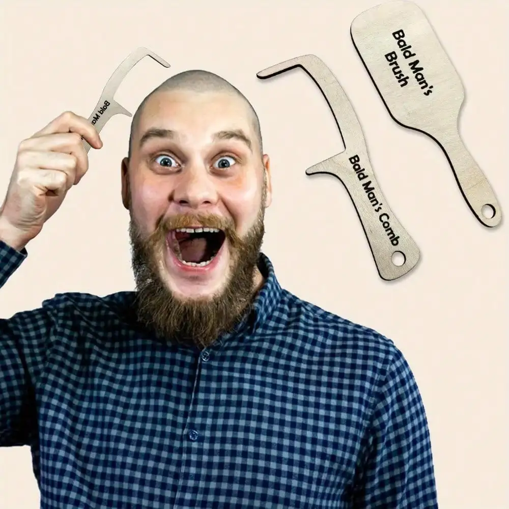 2Pcs Novelty Wooden Bald‑Head Comb Set, Creative Hairless Comb, Funny Gift for Bald Men, Birthday Christmas Present