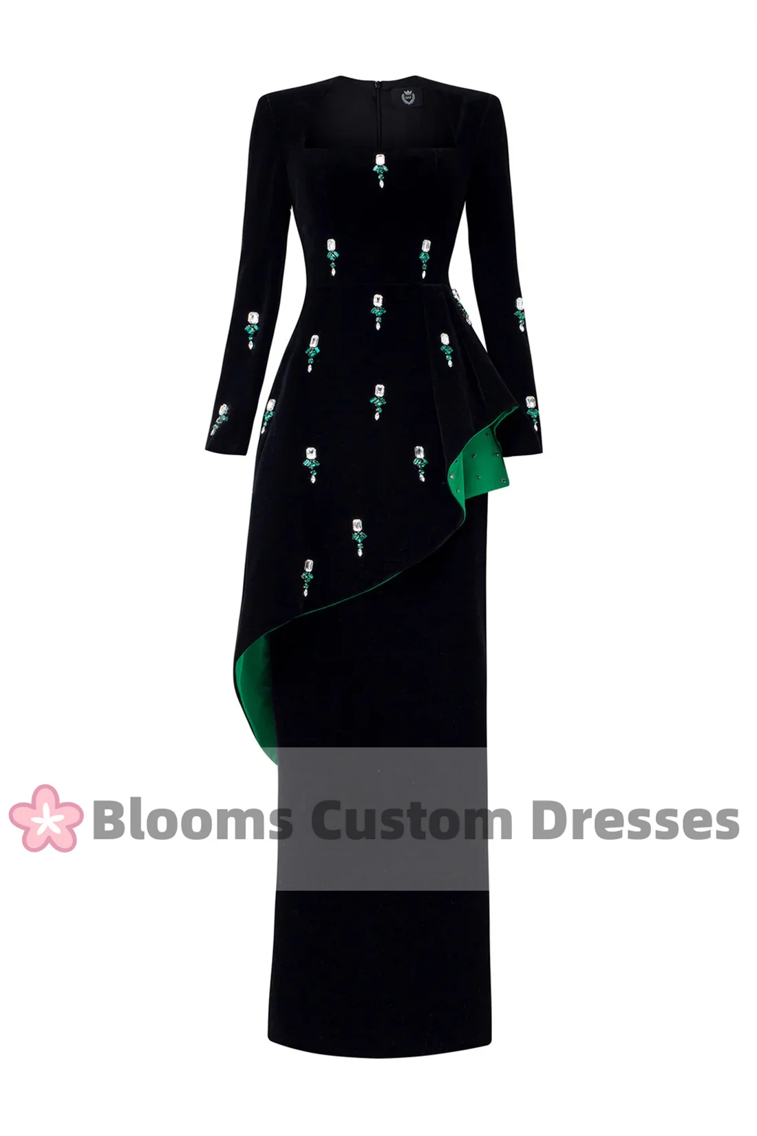 Blooms Customized Green Beadings Black Velvet Evening Dresses Ruched Floor-Length Elegant Women Formal Gown Wedding Prom Dress