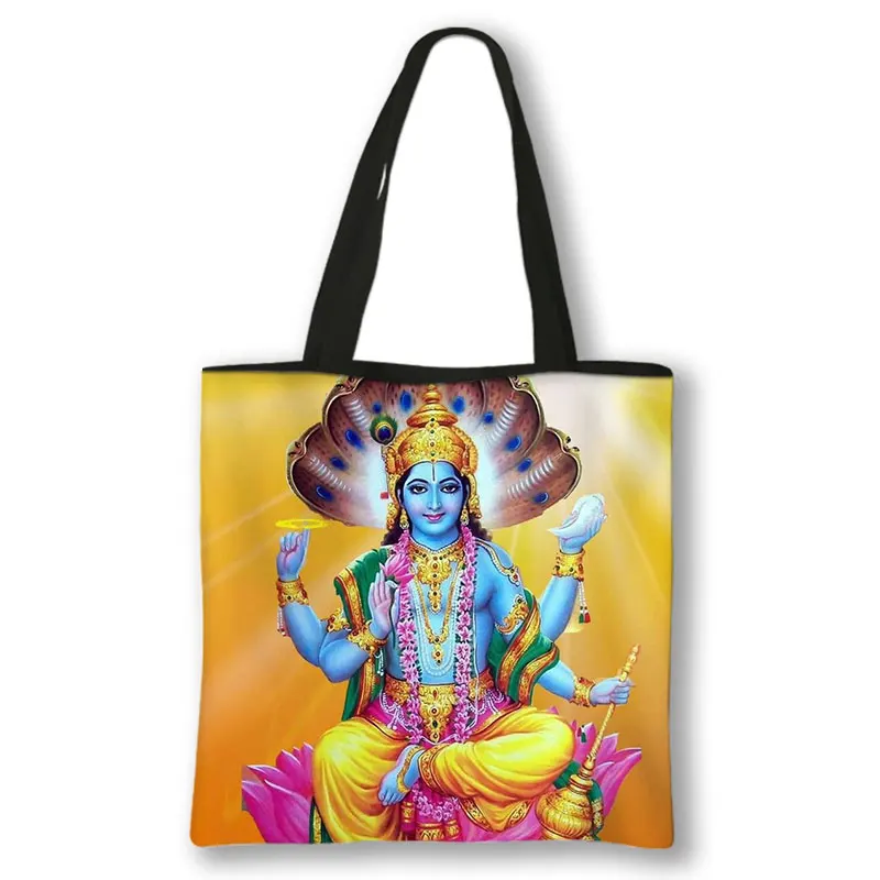 Gods indianos Vishnu bolsa de ombro, Brahma e Shiva bolsas, sacola eco reutilizável, Radha Krishna Casual grande capacidade sacos de compras