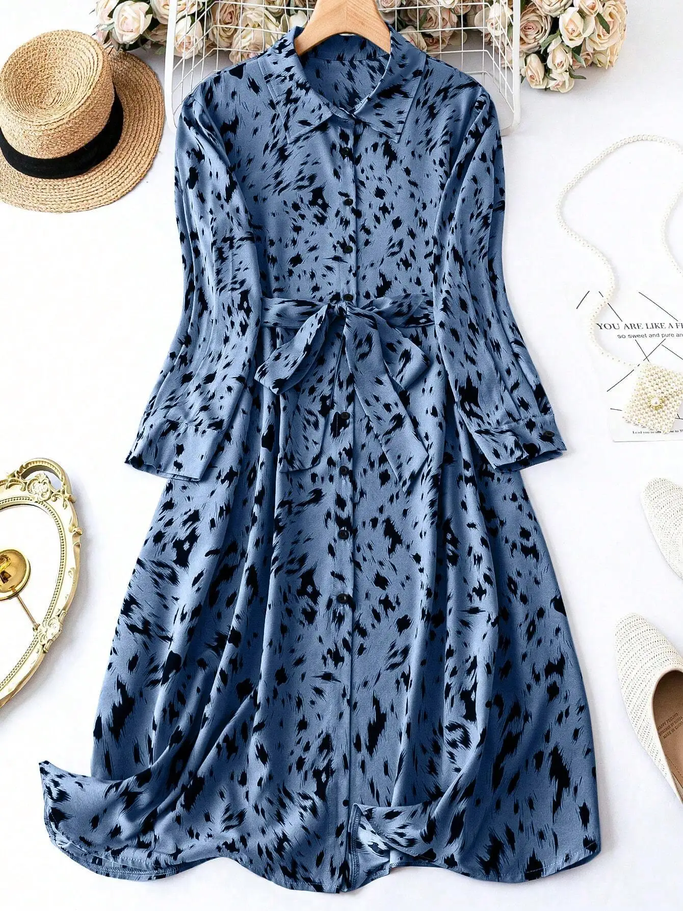 

Blue Printed Long Sleeve Shirt Dress With Belt Casual Maxi Dress For Women