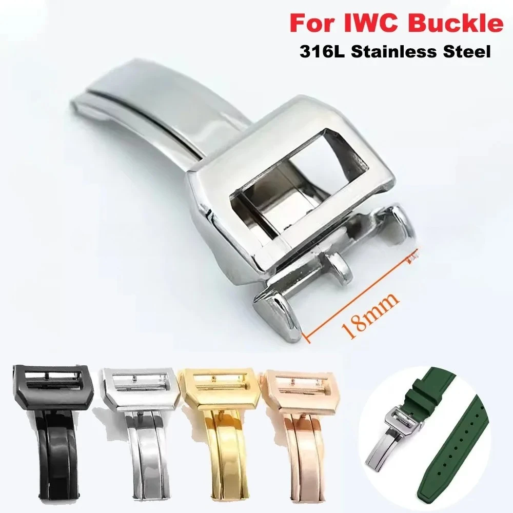 Fivela de implantação de aço inoxidável 316l para iwc piloto mark portugieser pulseira de couro de borracha ouro rosa fecho dobrável 18mm