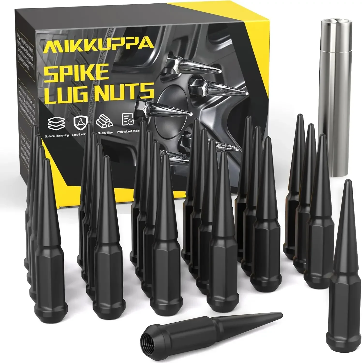 MIKKUPPA 14mm x 1.5 Wheel Spike Lug Nuts, 24pcs M14x1.5 Lug Nut, Cone/Conical Bulge Seat, Black Closed End Nuts with1 Socket Key