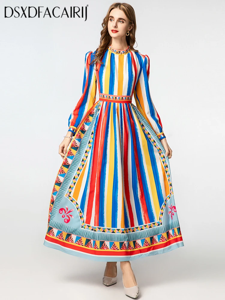

DSFACAIRIJ Women's Indie Folk Dress Striped Print Stand Collar Lantern Sleeve Fashion Autumn Diamond Detailing