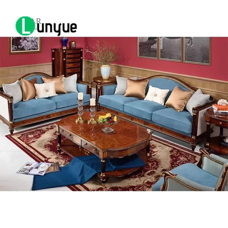 Luxury British Classical Living Room Furniture Set Solid Mahogany Wood Frame Vintage Frosted Leather Antique 2 3 Seat Sofa