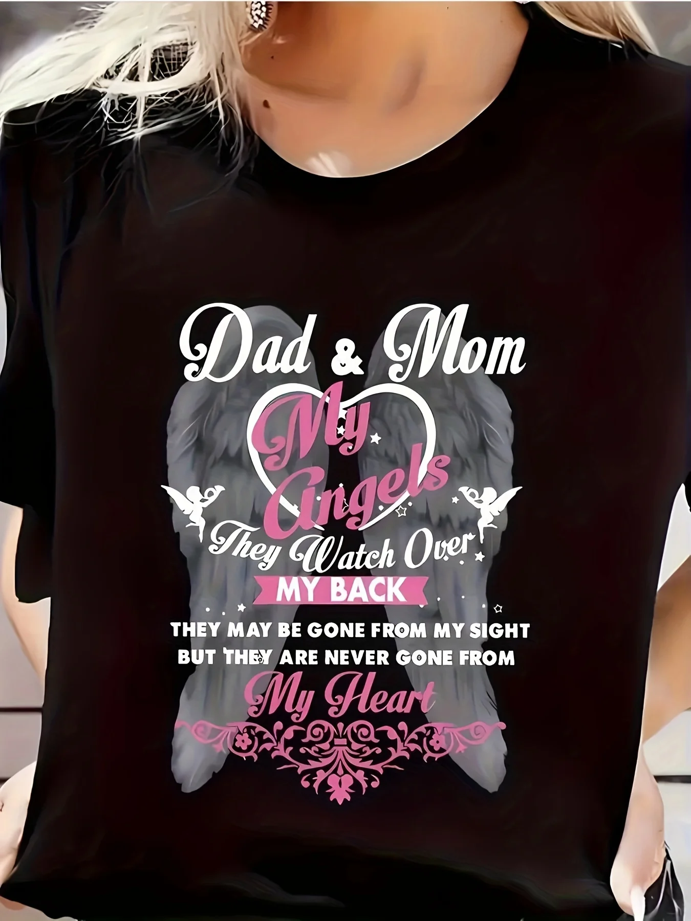 Dad And Mom Angel Wings Tribute T-Shirt - Soft, Breathable, Crew Neck Short Sleeve Top with Heartfelt Message, Casual Clothing, Machine Washable, Comfortable T-Shirt | Affectionate Message T-Shirt | Durable Printed Shirt