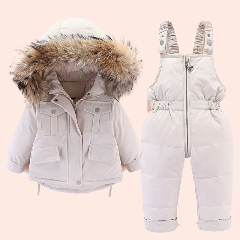 2pcs Set Baby Winter Down Jacket and Jumpsuit Thicken Infant Snowsuit Warm Children Coat Real Fur Collar Baby Set 1-4Years