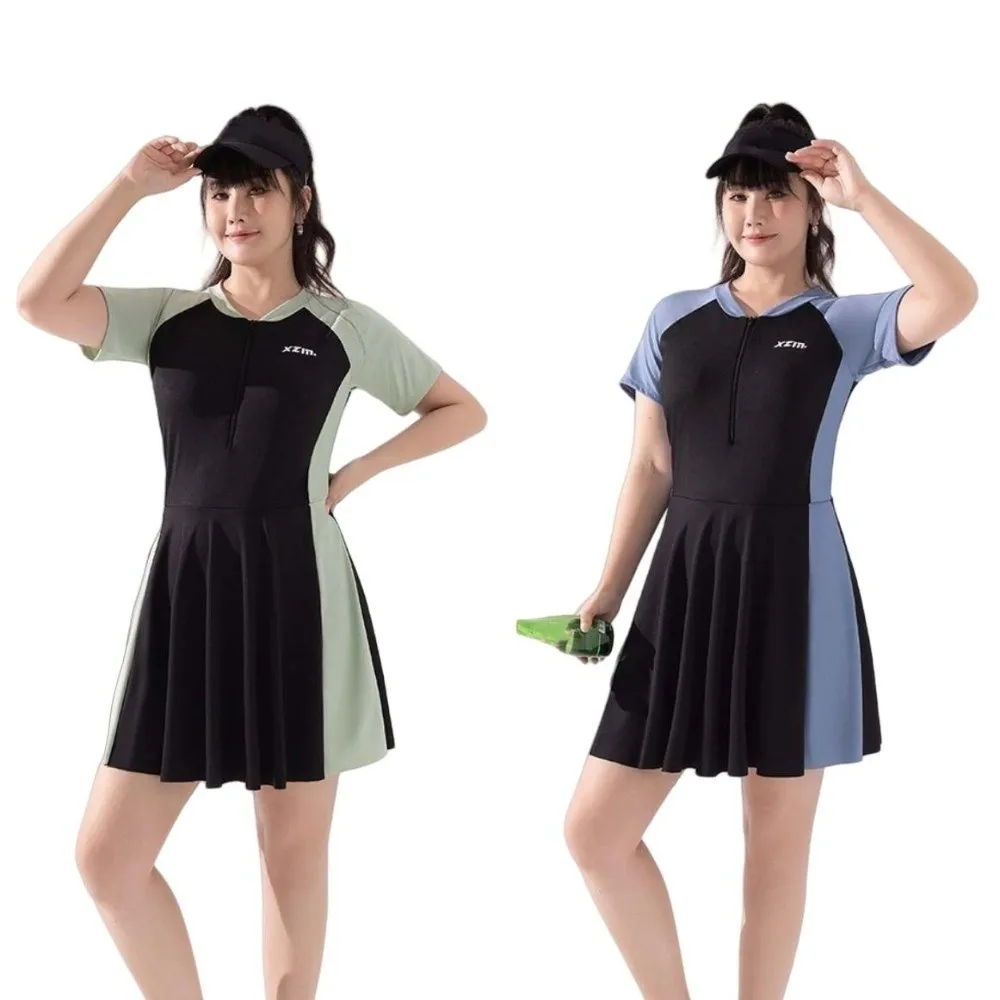 Beachwear Short Sleeve Swimsuit Sun Protection Loose Bikini Women Bathing Suit Blue Green Beachwear Clothings Swimwear Skirt