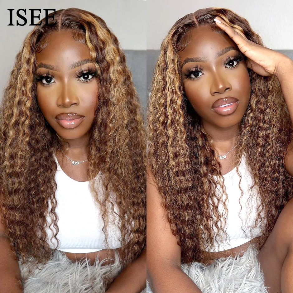 

ISEE HAIR Honey Highlight Wig Human Hair Wigs 4/27 Ombre Curly 13x4 Lace Frontal Wigs Peruvian Kinky Curly Lace Closure Wigs