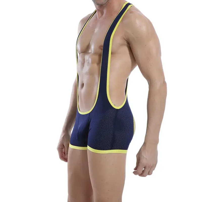 Mens Undershirts Mesh Open Butt Wrestling Singlet Leotard Male One-Piece Pajama Sexy Jockstrap Underwear Faux Leather Jumpsuit