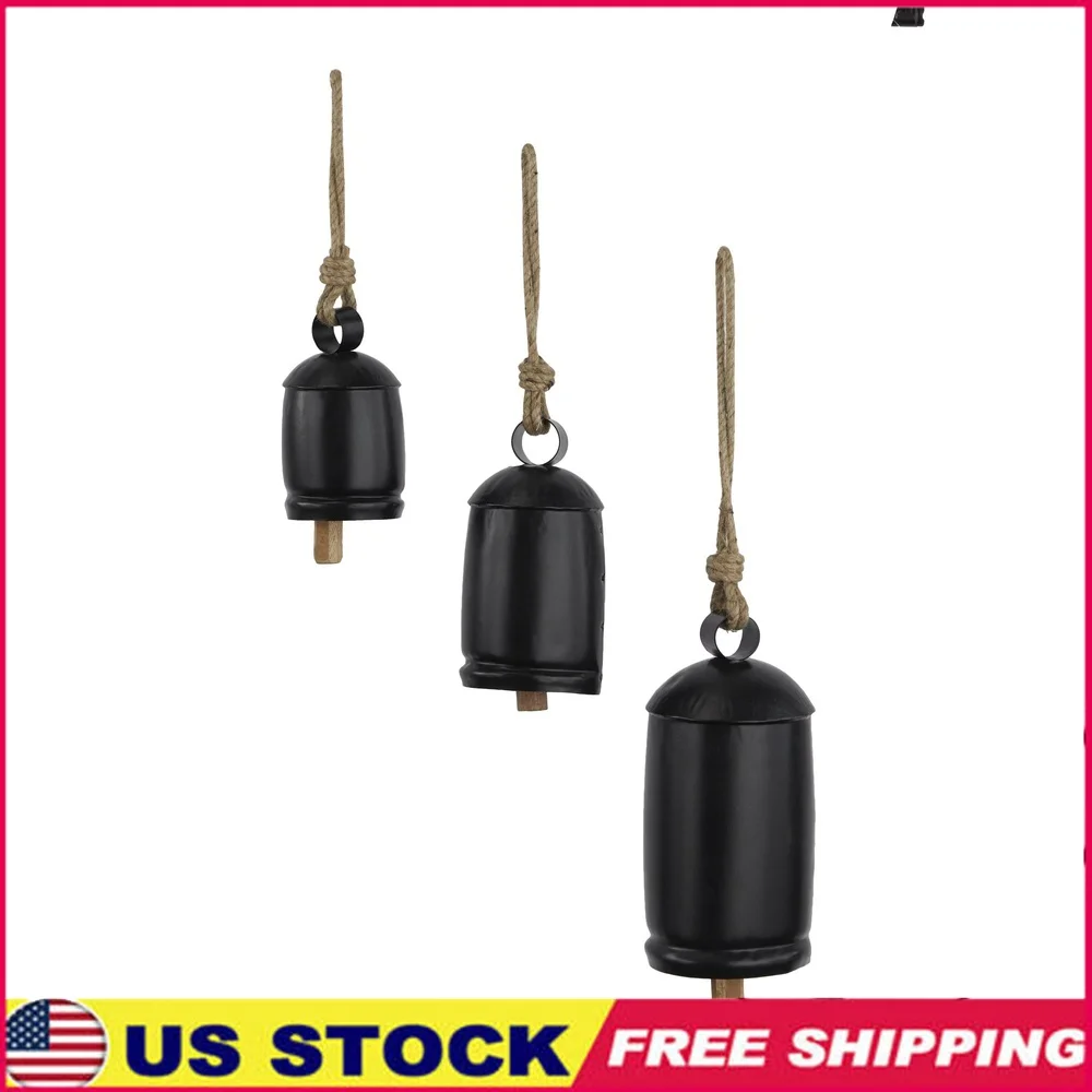 

Black Metal Tibetan Inspired Set of 3 Hanging Bells Decorative Chimes Indoor Outdoor Meditation Home Decor Gift