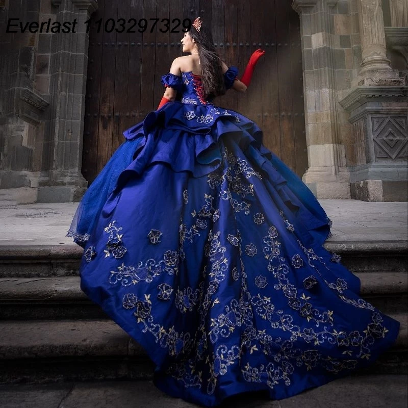 Evlast Koninklijke Blauwe Quinceanera Jurk Baljurk Kanten Applique Kralen Gelaagde Ruches Korset Sweet 16 Vestido De 15 Anos Tqd601