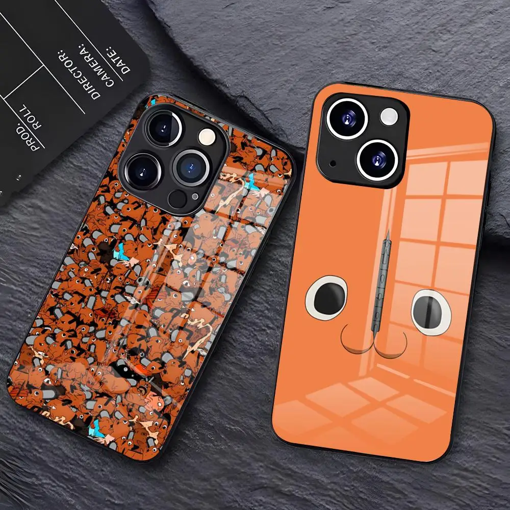 Funda de cristal para iPhone Chainsaw Man CUTE P-Pochita para modelos 17 Pro Max, 16, 15, 14 Pro Max, 13, 11, X, Xs, Xr, 8, 7Plus