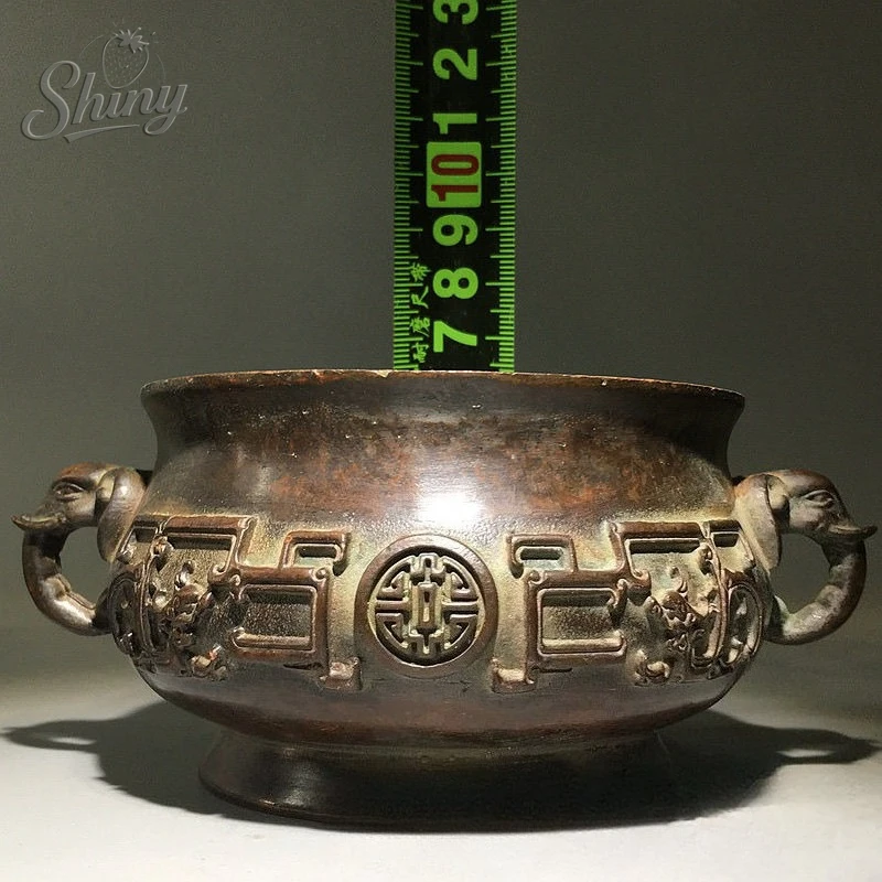 Antique Red Copper Incense Burner Household Indoor Decorative Zen Sandalwood Carving Elephant Ear Incense Burner