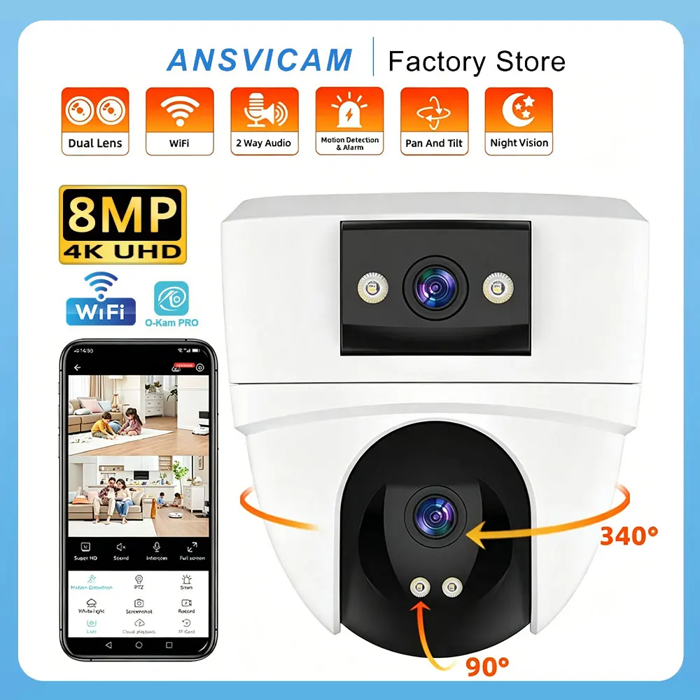 ANSVICAM 4K WiFi IP Camera PTZ Dual Lens Smart Home Auto Tracking CCTV Camera Wireless Surveillance Security Baby Monitor O-Kam