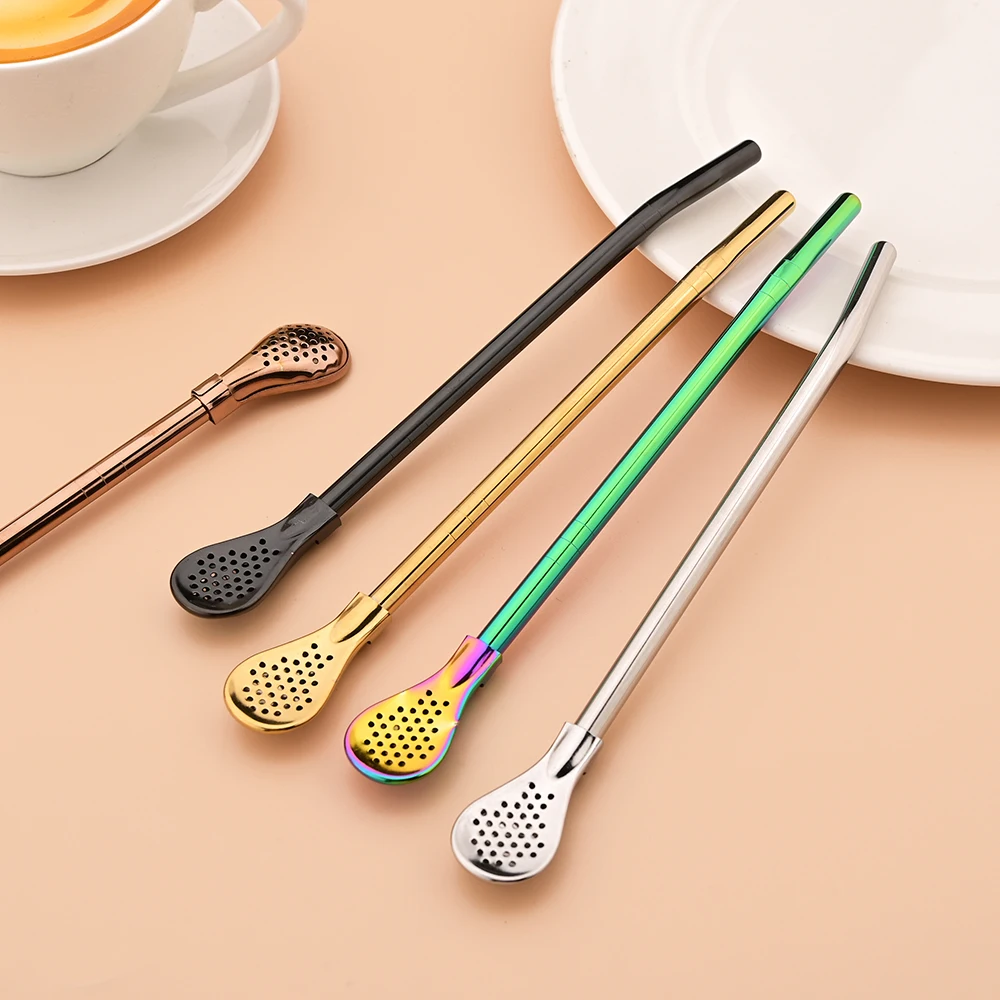 6 قطعة/المجموعة الفضة الفولاذ المقاوم للصدأ شفاطات للشرب قابل للغسل قابلة لإعادة الاستخدام يربا ماتي ملعقة تصفية القش لملحقات بار الكوكتيل #5