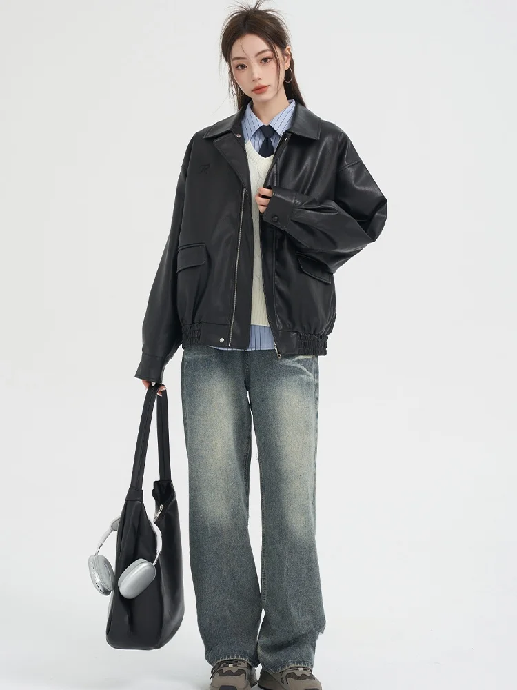 Bla americano sle ort couro jaet feminino início do outono 2025 nova motocicleta quente jaet conjunto topo doce sle longo sve