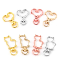 10Pcs/Lot Alloy Heart Cat Shape Rotation Spring Buckle KeyRings Snap Hooks for Jewelry Making Findings DIY Key Decoration Stuff