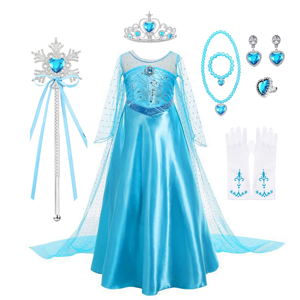 

Elsa Girls Dress Cosplay Princess Costume Birthday Carnival Snow Queen Party Blue Dress Clothes