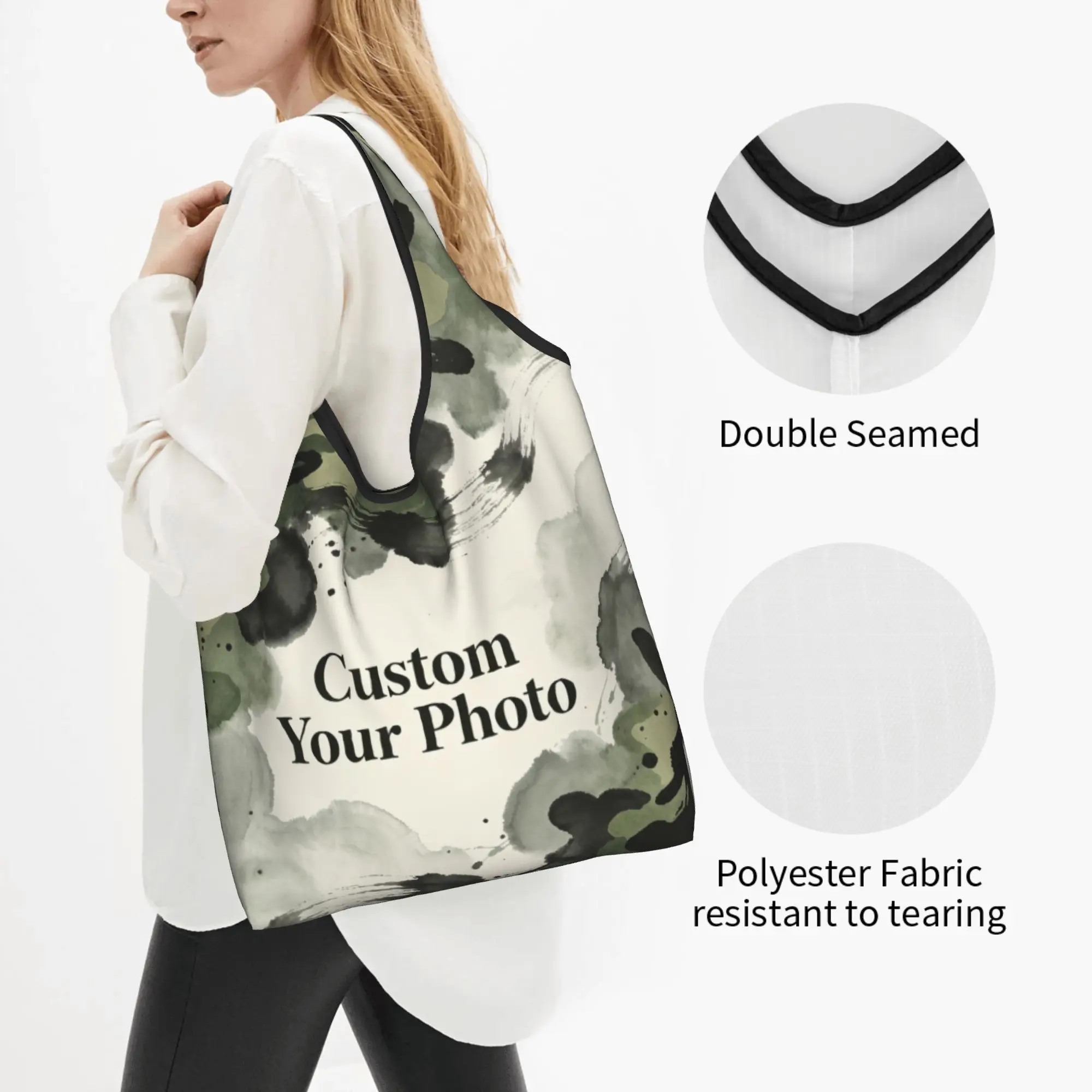 Custom Your Photo Logo Text Groceries Tote Shopping Bags Women Funny Camouflage Shopper Shoulder Bags Large Capacity Handbag