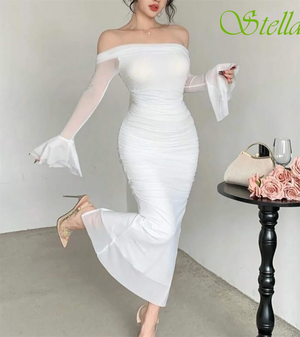 Robe de soirée élégante personnalisée, épaules dénudées, manches 3/4, transparente, en mousseline de soie, robes de bal de tempérament, robes de soirée de mariée