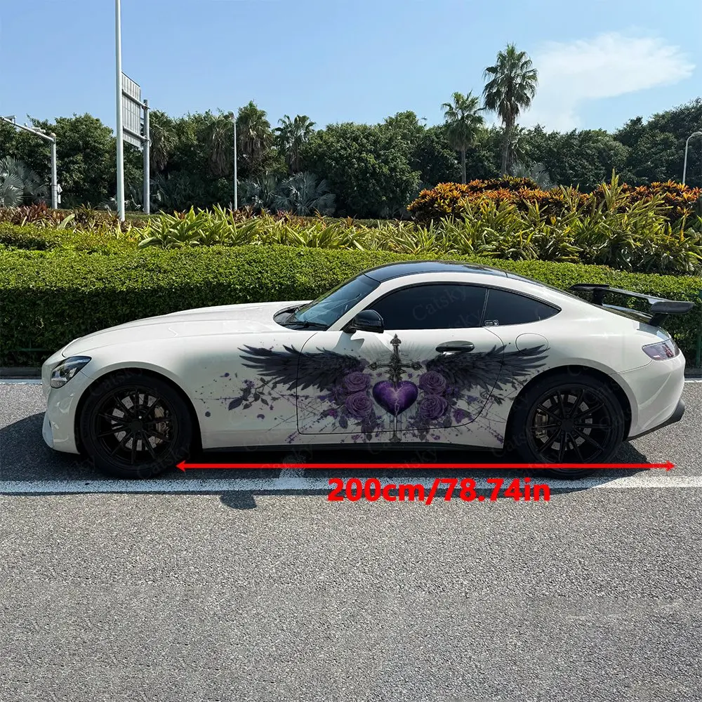 2pcs Wing Pierced Heart Cross Rose Car Side Wraps, Self-Adhesive PVC Waterproof & Scratch-Resistant Stickers, Car Accessory Gift