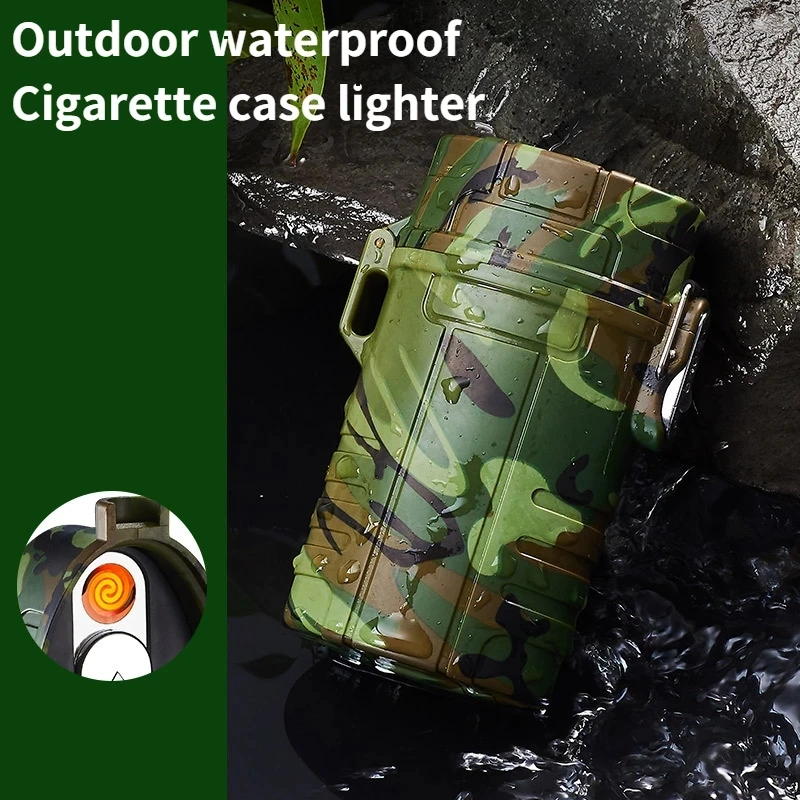 Creative 20pcs Waterproof Lighter Cigarette Case Portable USB Charging Windproof Lighter Outdoor Wading Camping Men\'s Gadgets