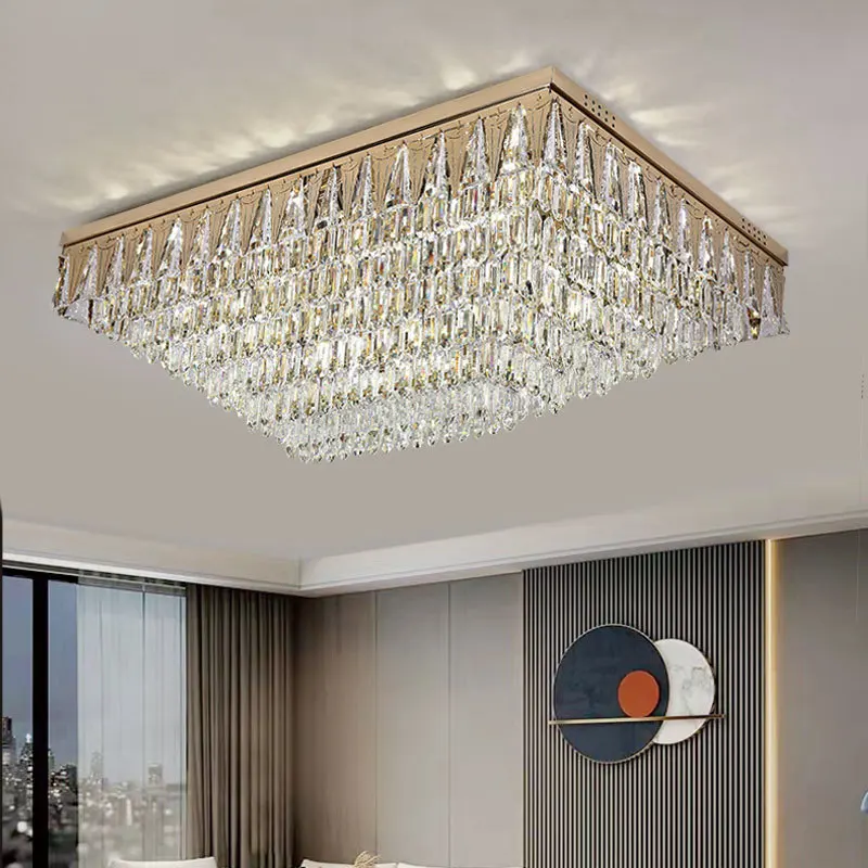Stainless Steel Ceiling Lamp In Living Room,modern Rectangular/Round K9 Crystal Lamp,luxury Ceiling Lamp 2024,e14 Light Source