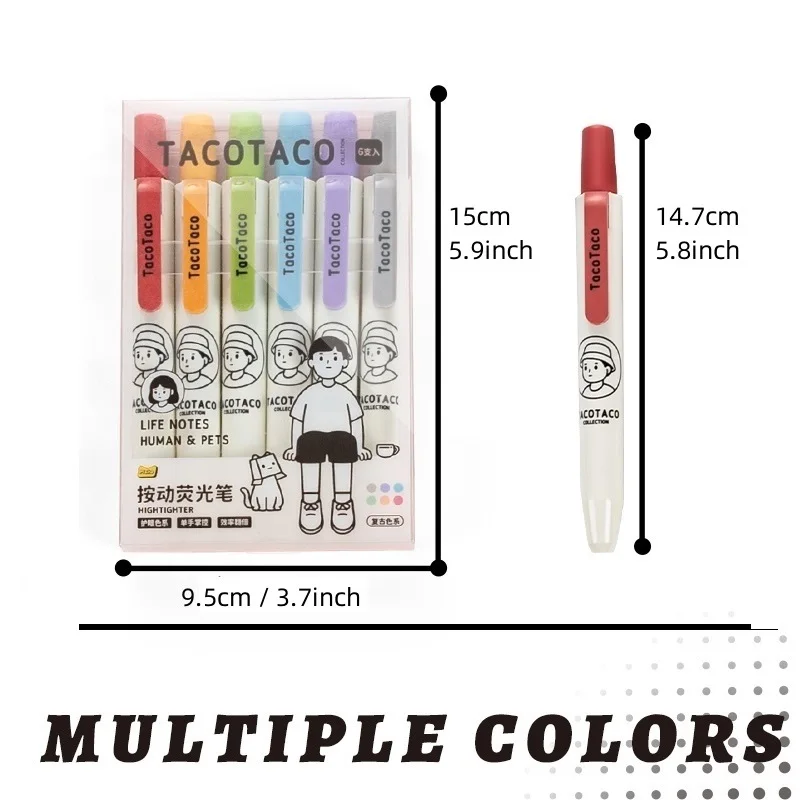 6pcs Taco Color Highlighter Pens Set Cartoon Human & Pets Knock Type Art Marker for Drawing Painting A7592