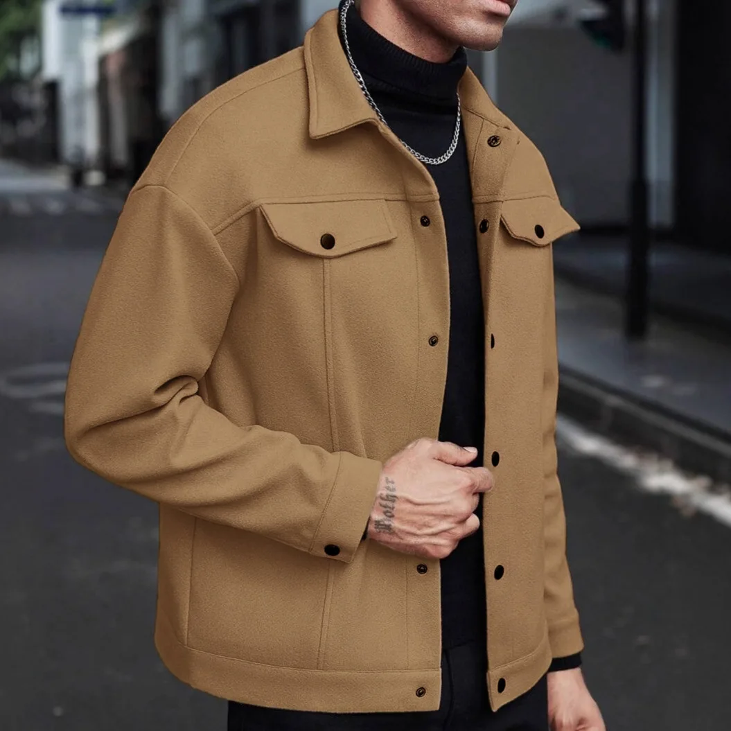 Men's Autumn Winter Casual Lapel Solid Woolen Jacket Male Fashion Multi Pockets Sports Business Jackets Coats Outerwear