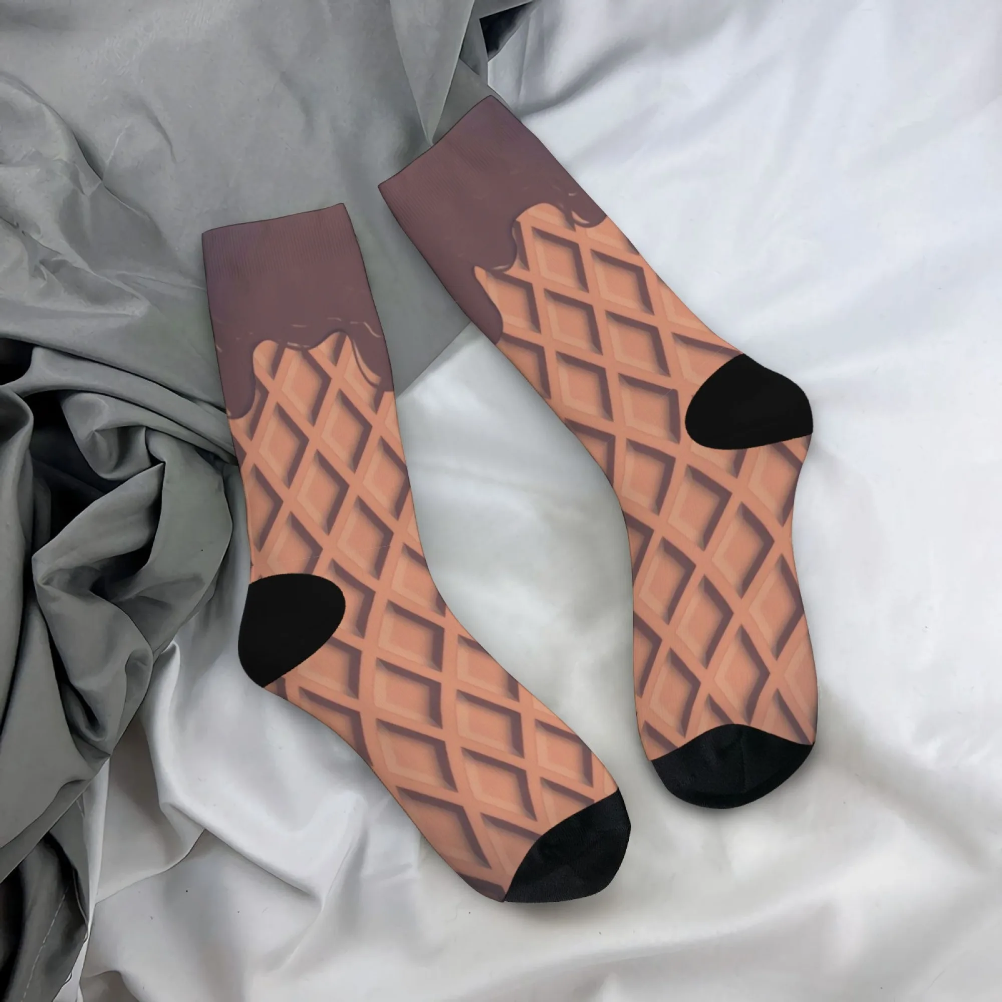 1Pairs Cartoon Waffle Ice Cream Pattern Socks Funny Novelty Perfect For Unisex Casual Or Playful Outfits