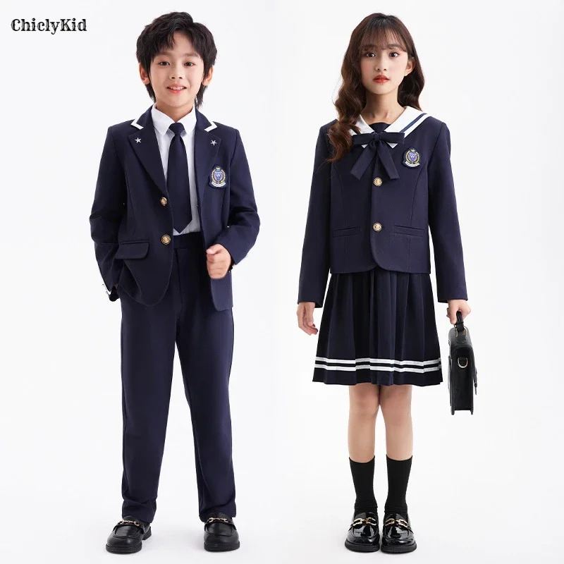 

Children School Uniforms Girls Preppy Style Suiit Jacket Collar Dress Boys Blazers Pants Suits Kids Student Clothes Class Sets