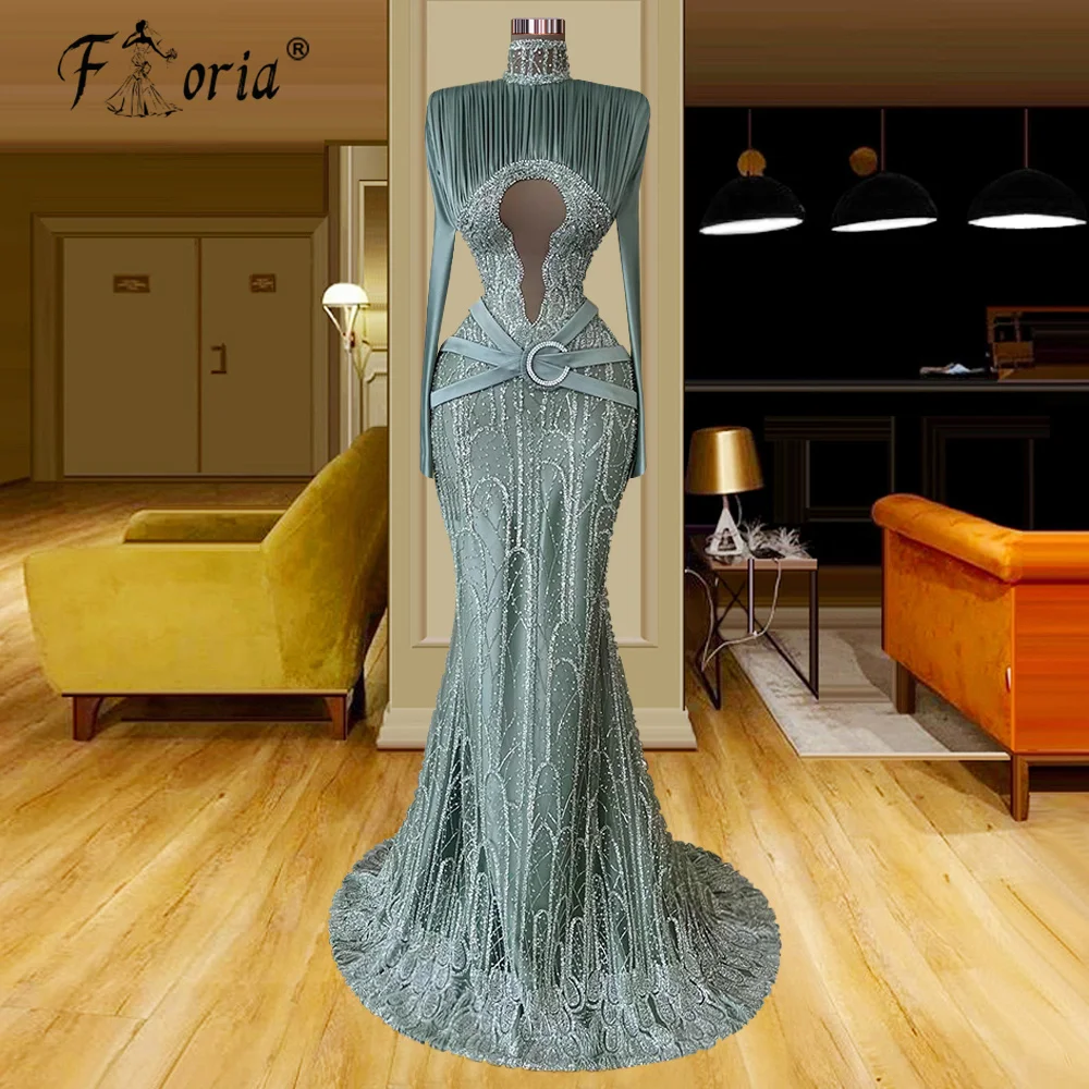 Mintgroen Dubai Een Schouder Avond Dresss Kralen Sequin Sparkly Mermaid Floor Lengte Prom Gown Celebrity Party Robe De Soiree