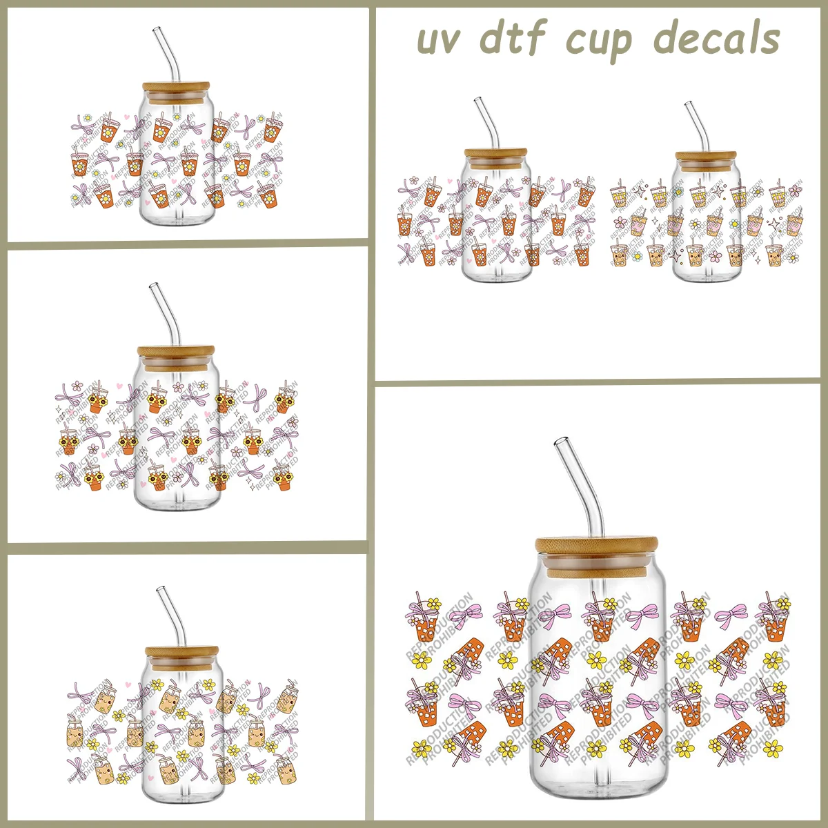 

Drinks Pattern with Bow Series UVDTF Wrap Stickers for 16oz Glasses Cute Pink Bow UV DTF Cup Decals Vinyl Stickers