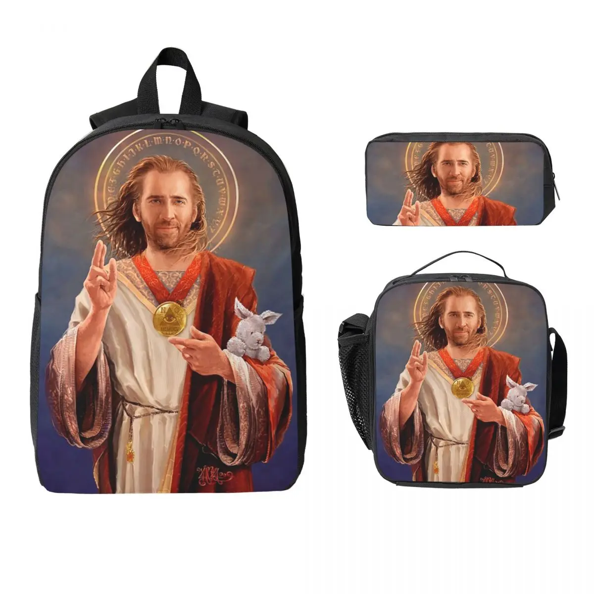 Nicolas Cage, Saint Nicolas Of Cage Backpack BookBag School Bag Computer Shoulder Bags 3ps Insulated Lunch Bag Pencil Case