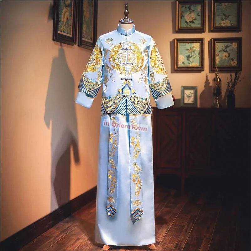 Men Show Blue Costume Royal Wedding Bridegroom Classic Cheongsam Chinese Style Long Robe Gown Stage Performance Toast Clothing