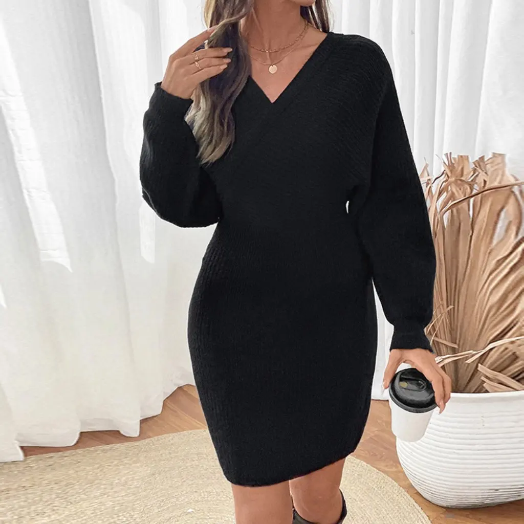 

Women's V-Neck Bat Sleeve Knitted Sweater Pure Color Autumn Winter Independent Station Skirt Set