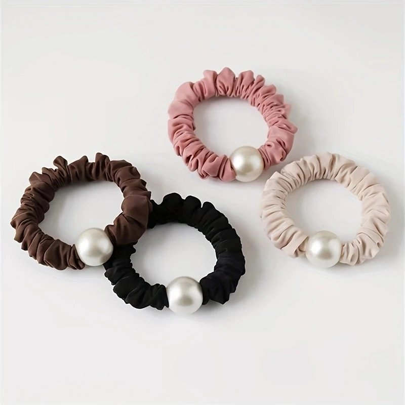 2pcs/set Pearl Skinny Scrunchies Hair Tie Elastic Hair Band Solid Color Soft Fabric Rubber Bands Women Hair Accessories