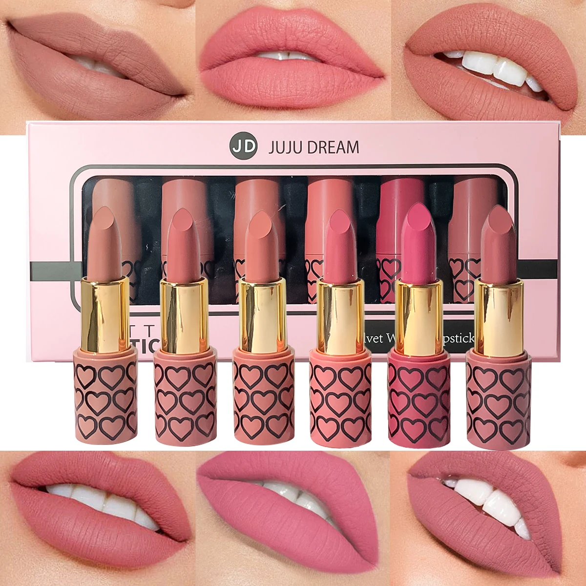 Velvet Matte Lipstick Set - 6 Nude & Pink Shades,long-Lasting,Ideal for Valentine 's Day & Holiday Beauty Gifts,Christmas makeup